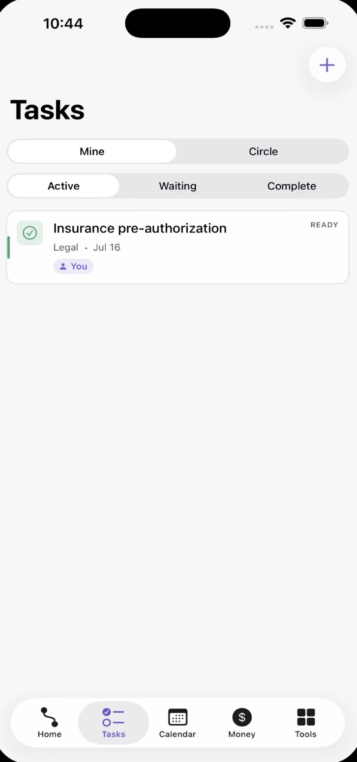 WeFertility app: Tasks screen filtered to active tasks.