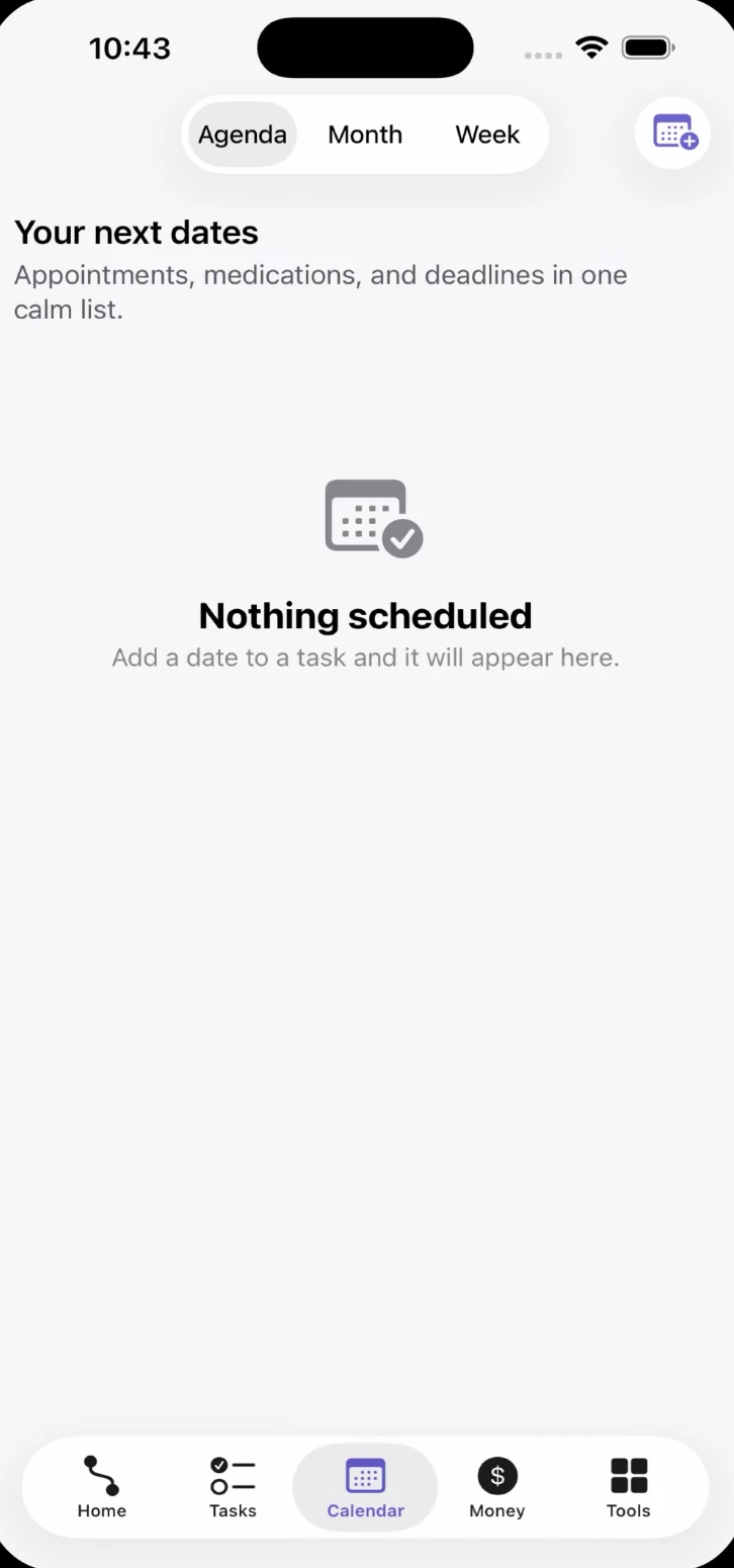 WeFertility app: Calendar agenda view of appointments and deadlines.
