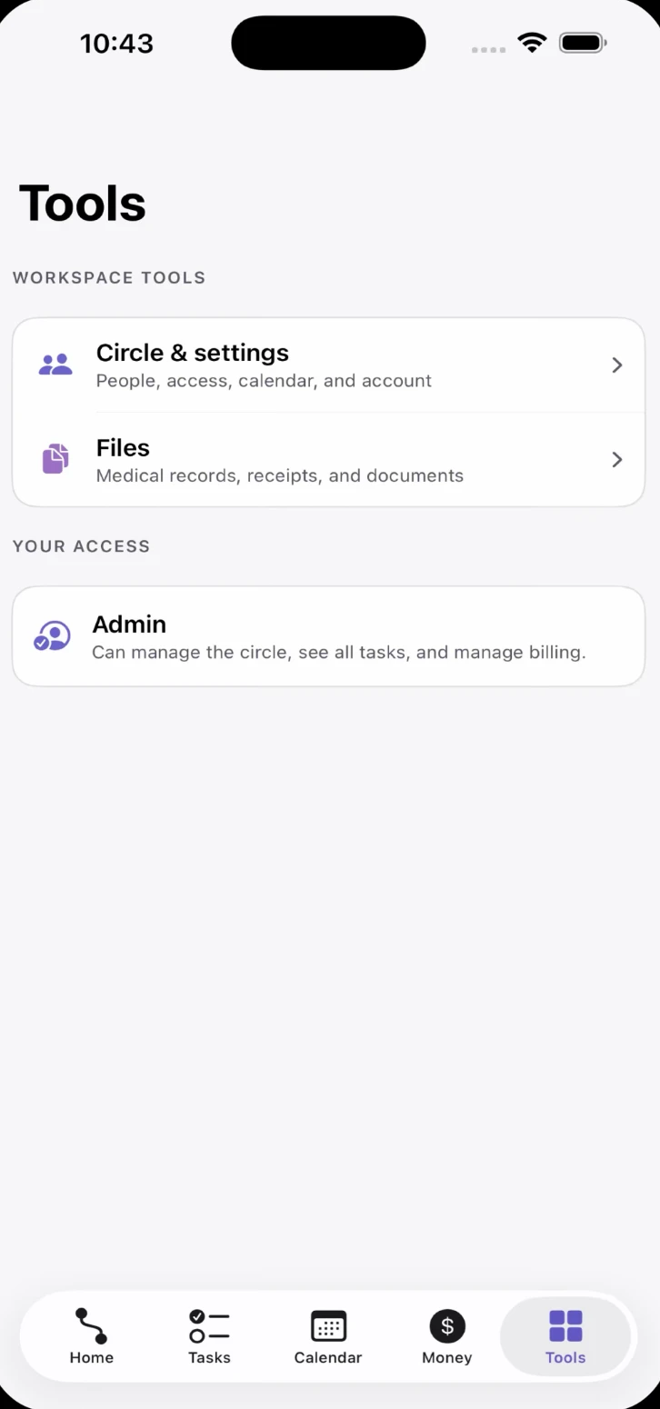 WeFertility app: Tools screen with circle settings, files, and access.