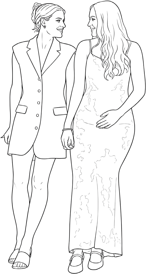 Line art of two women holding hands, one pregnant